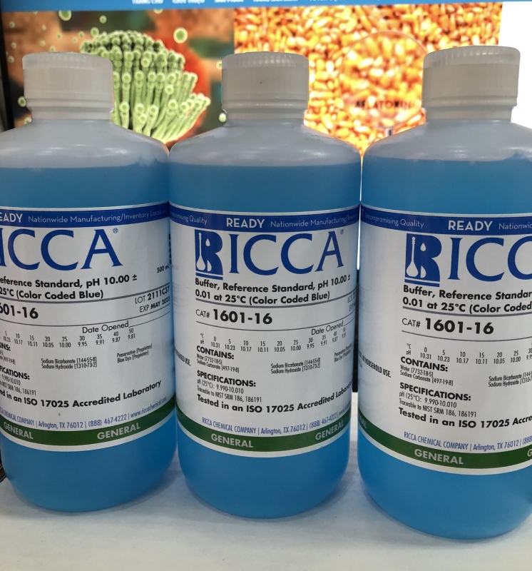 Buffer, Reference Standard, pH 10.00 ± 0.01 at 25°C (Color Coded Blue), chai 500mL, hãng RICCA