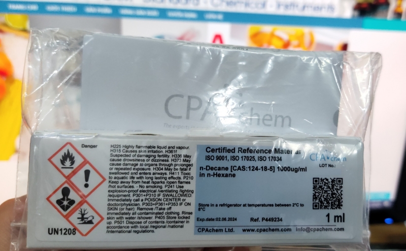 Dung dịch chuẩn n-Decane [CAS:124-18-5] 1000ug/ml in n-Hexane, lọ 1mL, hãng CPAchem, Bungari