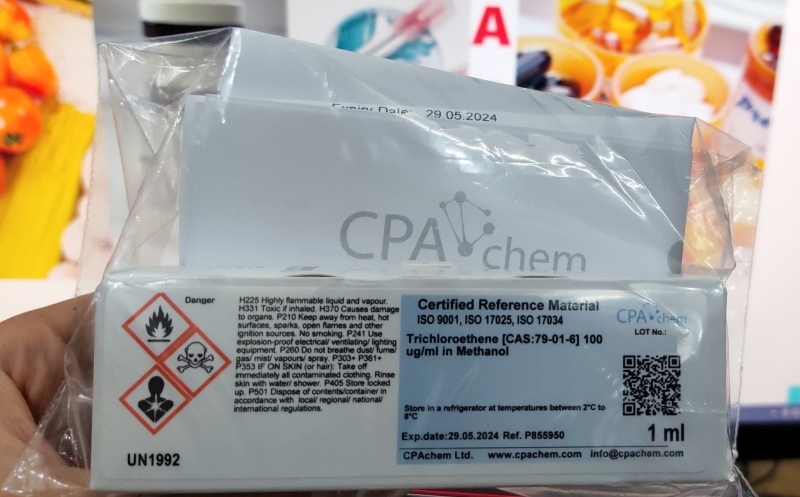 Dung dịch chuẩn Trichloroethene [CAS:79-01-6] 100 ug/ml in Methanol, lọ 1mL, hãng CPAchem, Bungari