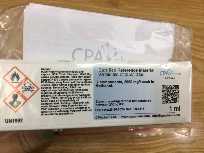 Dung dịch chuẩn Hydrocarbon thơm 7 thành phần nồng độ 2000mg/L, lọ 1mL, hãng CPAchem, Bungari