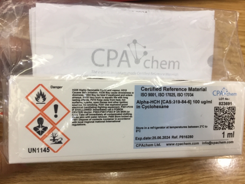 Dung dịch chuẩn Alpha-HCH [CAS:319-84-6] 100 ug/ml in Cyclohexane, hãng CPAchem, Bungari