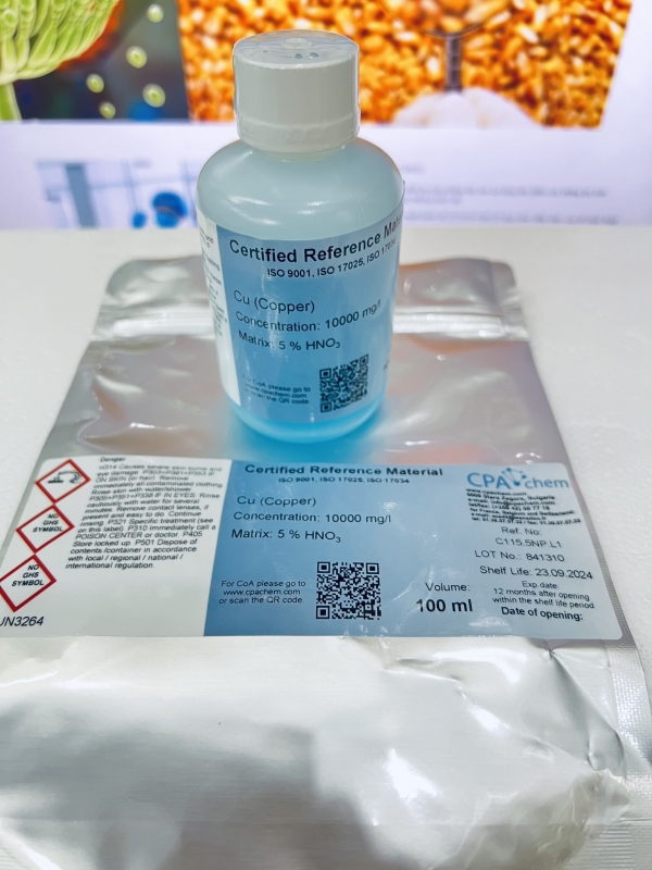 Dung dịch chuẩn Copper Cu - 10 g/l in diluted HNO3 for ICP, chai 100mL, hãng CPAchem - Bungari