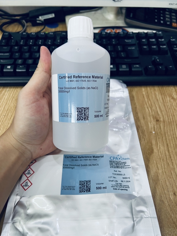 Dung dịch chuẩn TDS 30000mg/L - Total Dissolved Solids (as NaCl) 30000mg/l, chai 500mL, hãng CPAchem - Bungari