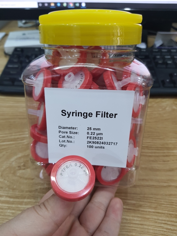 Đầu lọc ((Hydrophilic-ưa nước)) PTFE Syringe Filter (Red) Pore:0.22μm, Diameter: 25mm, 100pcs/pk, TQ