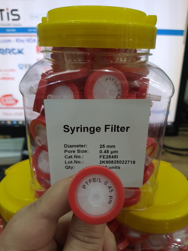 Đầu lọc ((Hydrophilic-ưa nước)) PTFE Syringe Filter (Red) Pore:0.45μm, Diameter: 25mm, 100pcs/pk, TQ