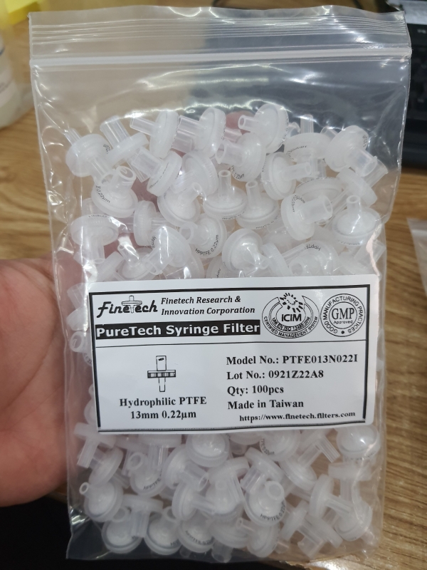 Đầu lọc PTFE hydrophilic 0.22um, đường kính 13mm, 100 cái/ gói, hãng Finetech