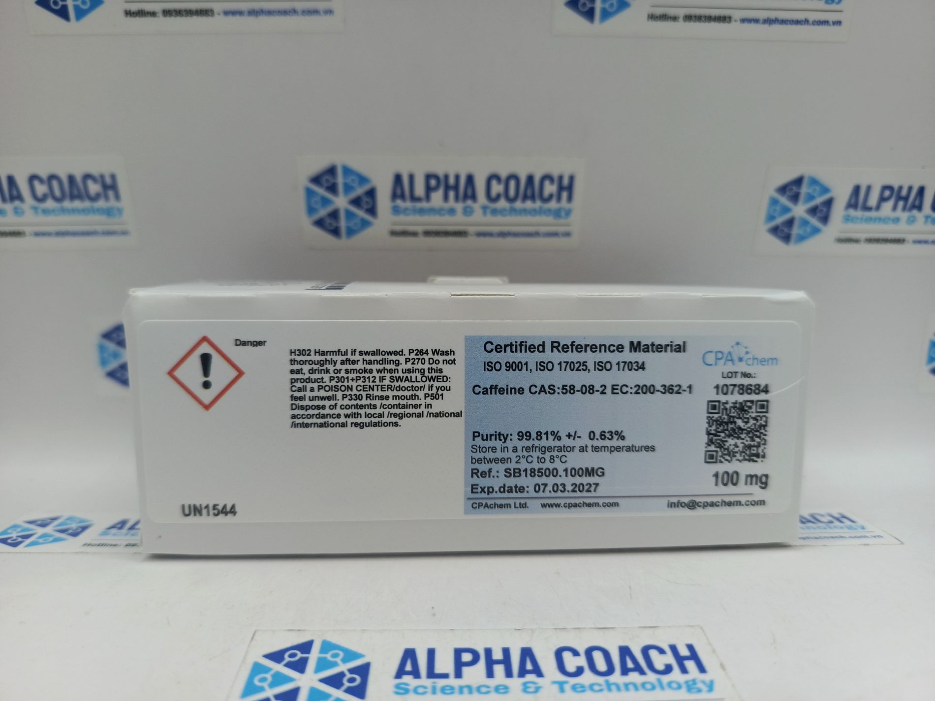 Chất chuẩn Caffeine CAS:58-08-2 EC:200-362-1, mã SB18500.100MG, hãng CPAchem - Bungari