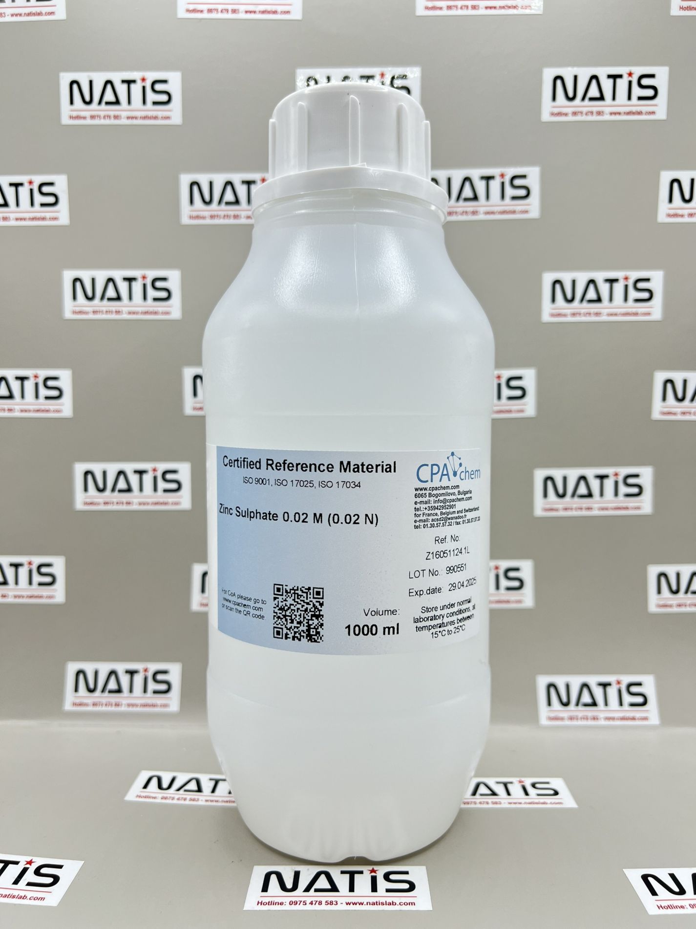 Dung dịch chuẩn Zinc Sulphate 0.02 M (0.02 N), chai 1Lit, hãng CPAchem, Bungari