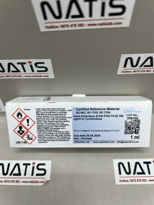 Dung dịch chuẩn trans-Chlordane [CAS:5103-74-2] 100 ug/ml in Cyclohexane, mã P810440, hãng CPAchem, Bungari