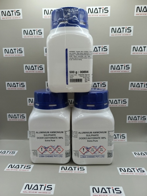 Hóa chất Aluminium Ammonium Sulphate Dodecahydrate 98% Extra pure, lọ 500g, hãng Loba Chemie, Ấn Độ