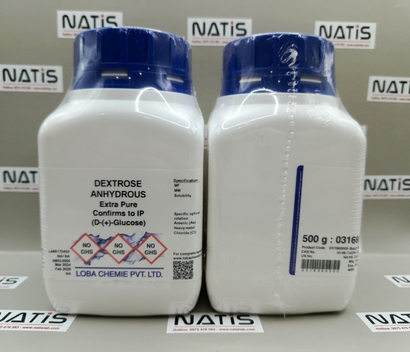 Hóa chất Dextrose Anhydrous Extra pure, lọ 500g, hãng Loba Chemie, Ấn Độ
