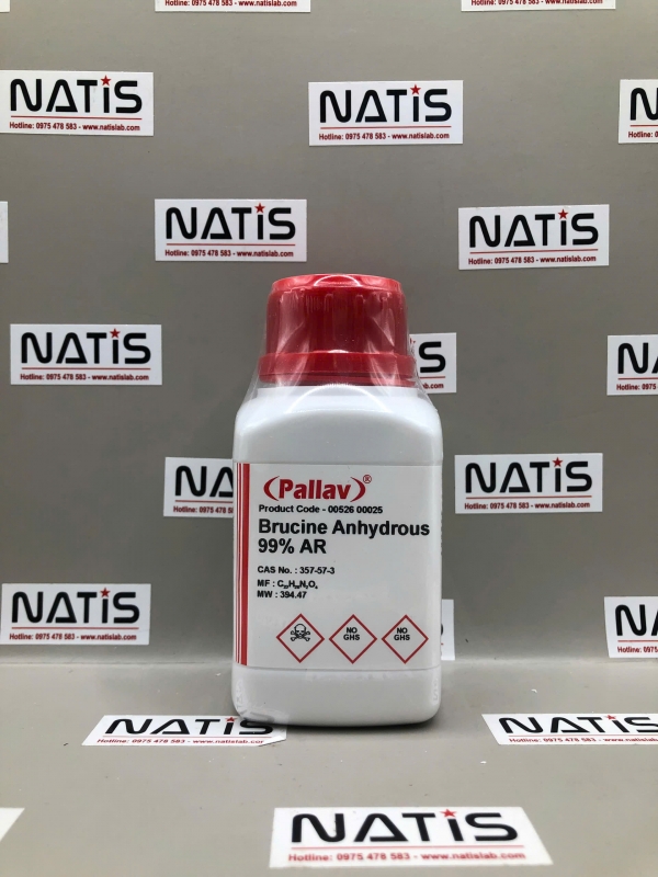 Hóa chất Brucine Anhydrous 99% AR, lọ 25g, hãng Pallav, Ấn Độ