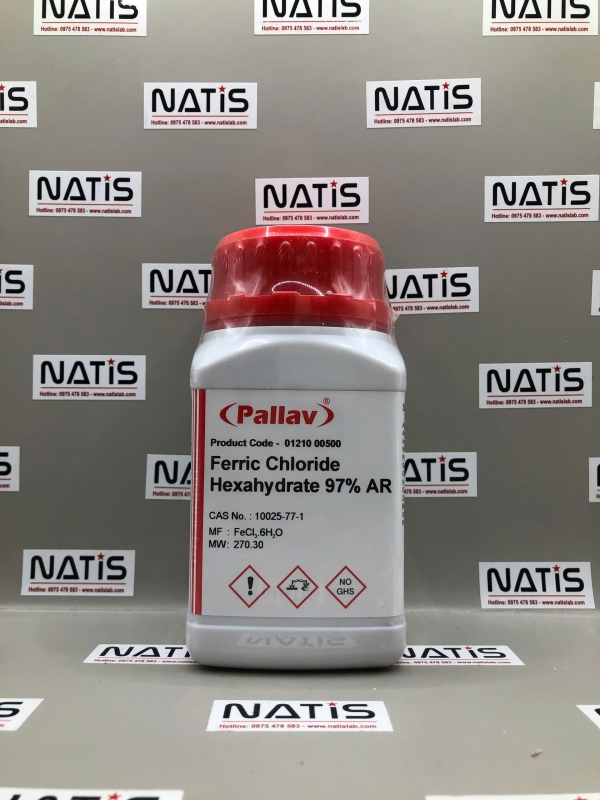 Hóa chất Ferric Chloride Hexahydrate 97% AR, lọ 500g, hãng Pallav, Ấn Độ
