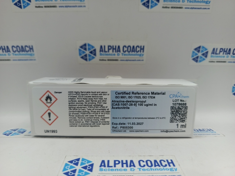 Dung dịch chuẩn Atrazine-desisopropyl [CAS:1007-28-9] 100 ug/ml in Acetonitrile, mã P805300, hãng CPAchem, Bungari