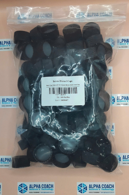 Nắp vặn PP đen kèm septa PTFE/silicone tự nhiên 22mm, ren 24-400