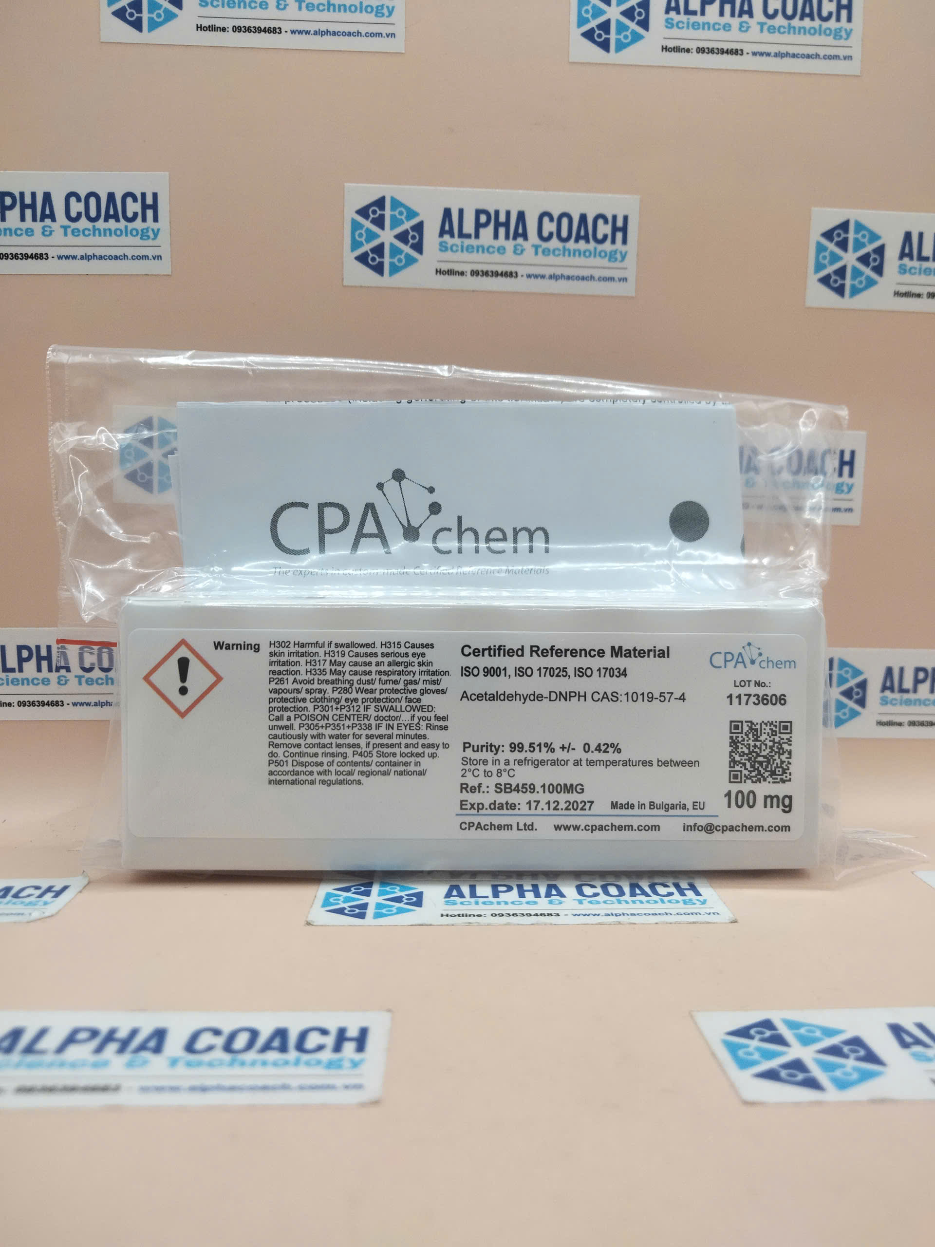 Chất chuẩn Acetaldehyde-DNPH, mã SB459.100MG, lọ 100 mg, hãng CPAchem, Bungari