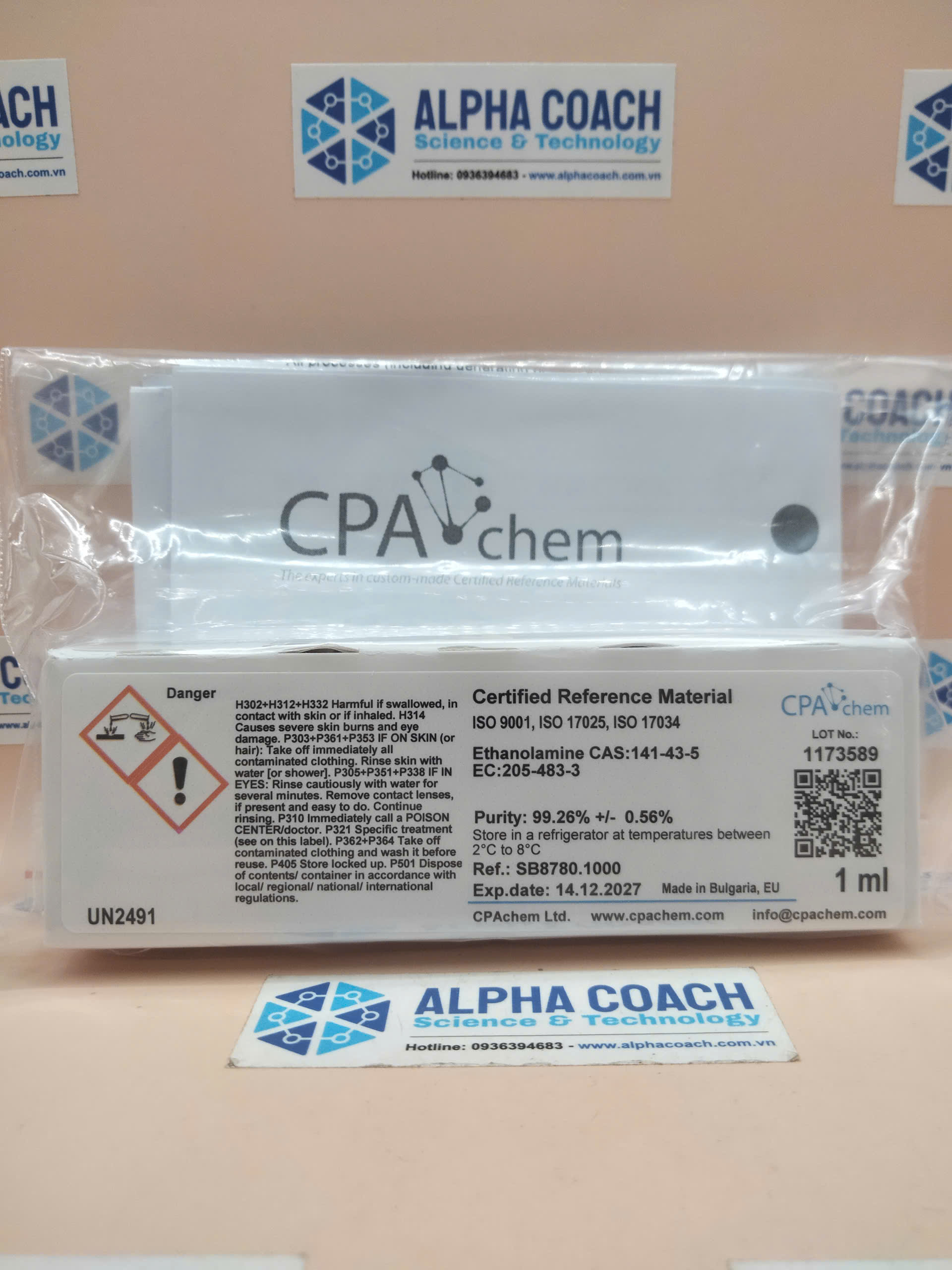 Dung dịch chuẩn Ethanolamine, mã SB8780.1000, lọ 1 ml, hãng CPAchem, Bungari