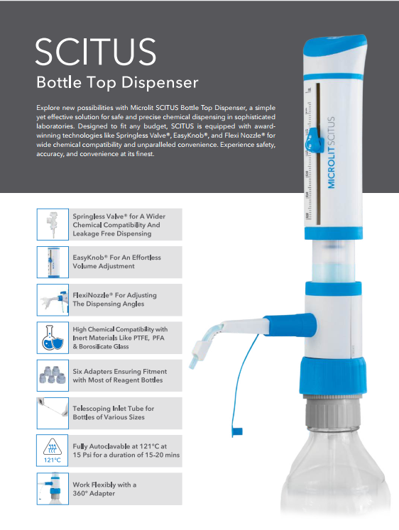 SCITUS® – Bình phân phối hóa chất gắn chai (Bottle Top Dispenser), Hãng Microlit, Ấn Độ