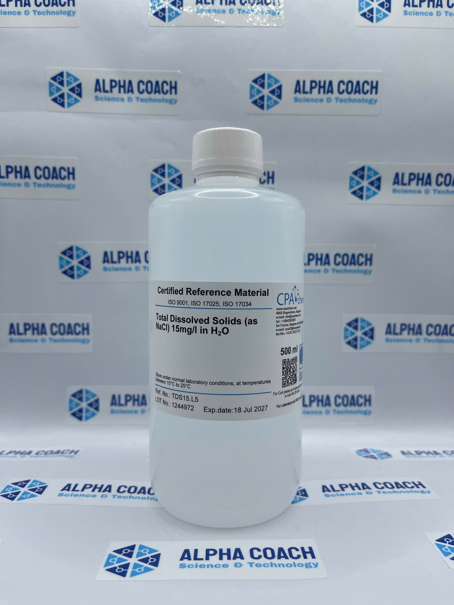 Dung dịch chuẩn TDS 15mg/L - Total Dissolved Solids (as NaCl) 15mg/l, chai 500mL, hãng CPAchem - Bungari