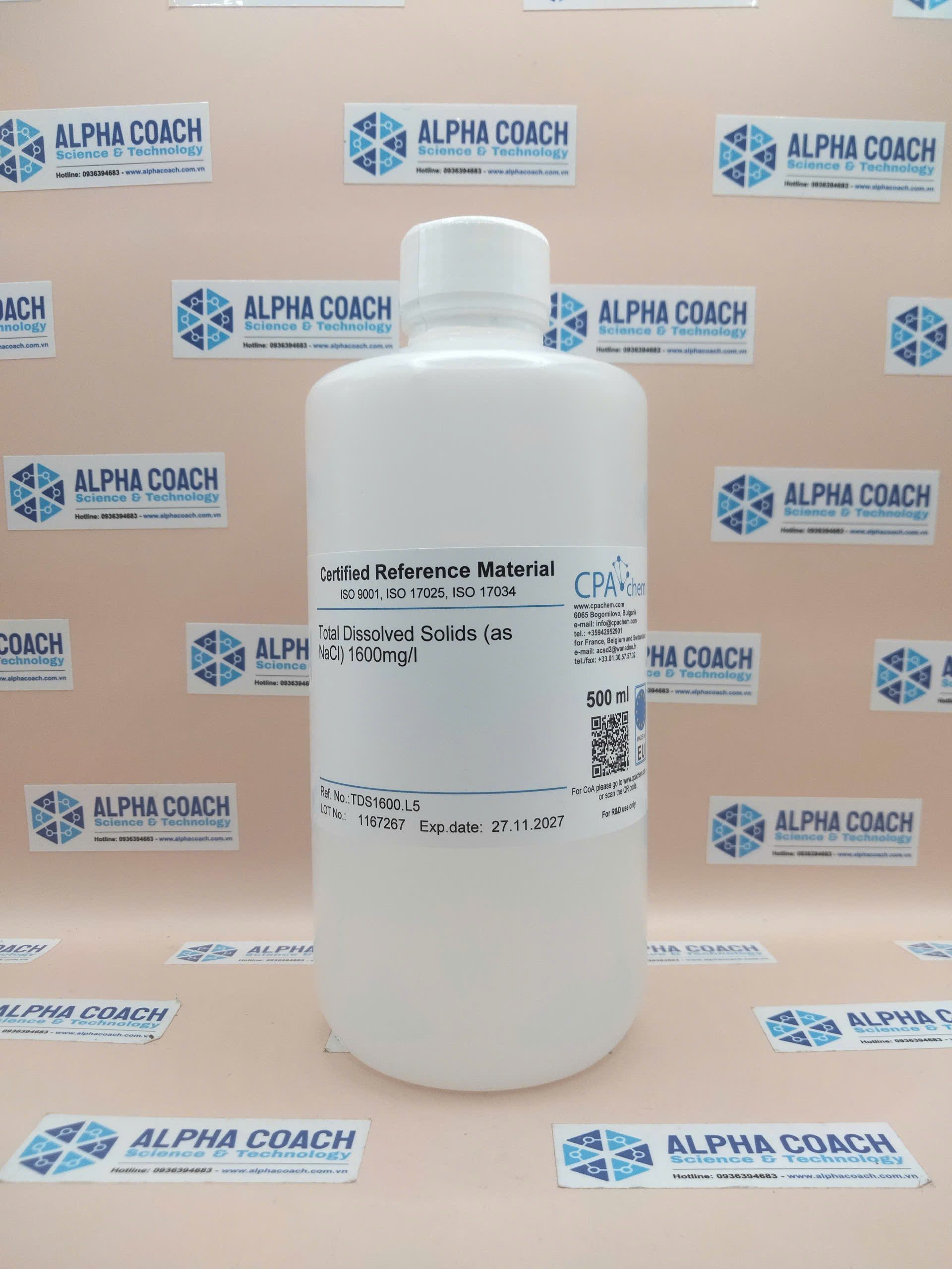 Dung dịch chuẩn TDS 1600mg/L - Total Dissolved Solids (as NaCl) 1600mg/l, chai 500mL, hãng CPAchem - Bungari