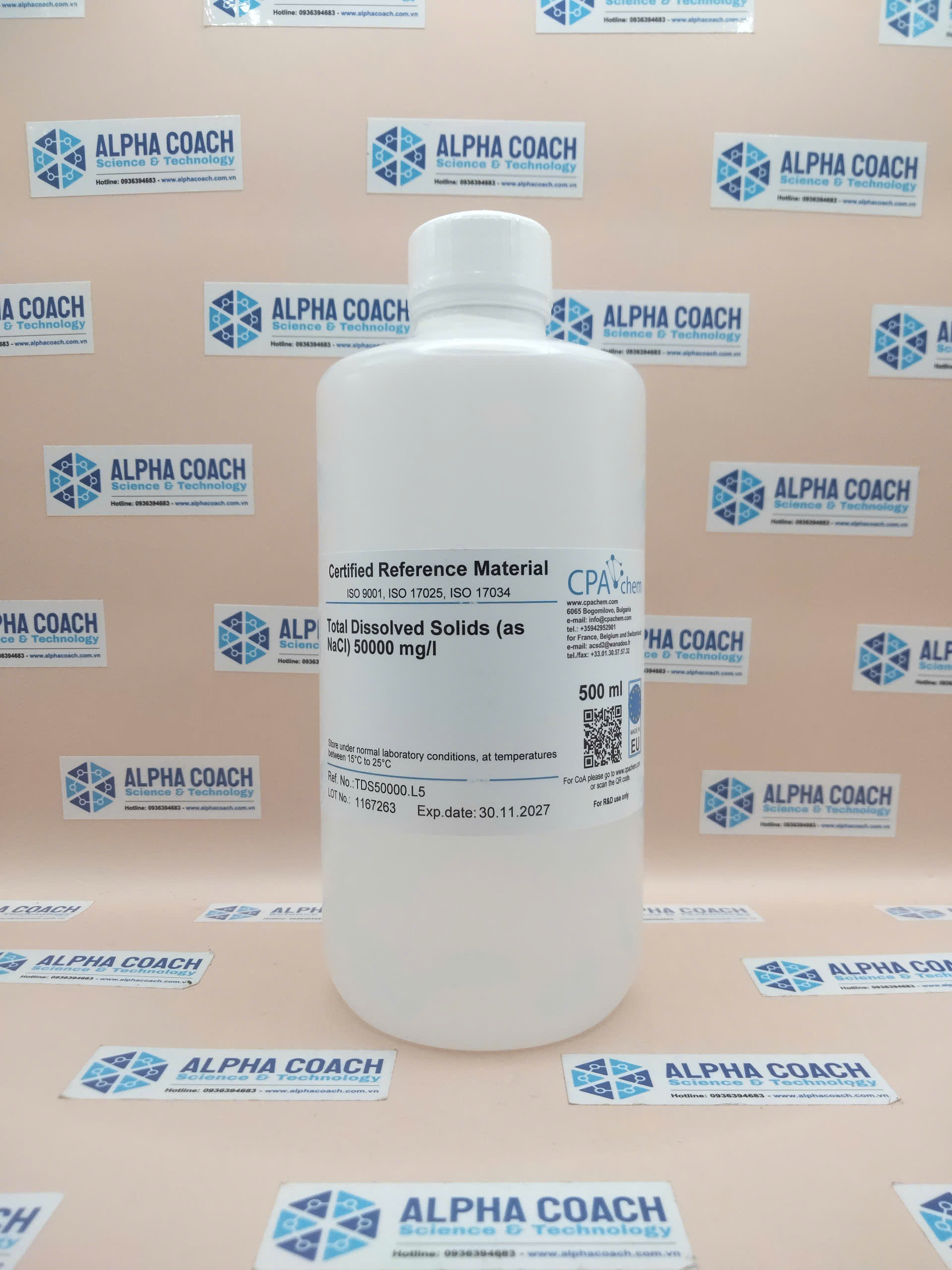 Dung dịch chuẩn TDS 50000mg/L - Total Dissolved Solids (as NaCl) 50000mg/l, mã TDS50000.L5, hãng CPAchem, Bungari