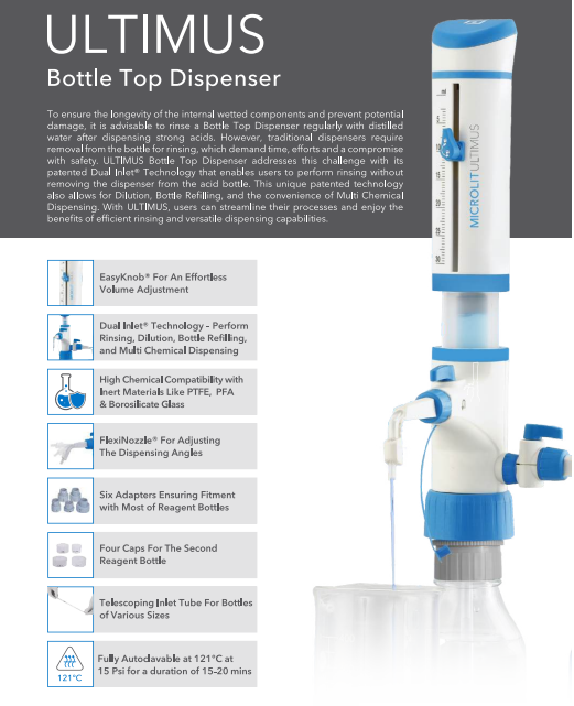 ULTIMUS® Bottle Top Dispenser - Dụng cụ phân phối hóa chất gắn chai công nghệ Dual Inlet®, Hãng MICROLIT, Ấn Độ