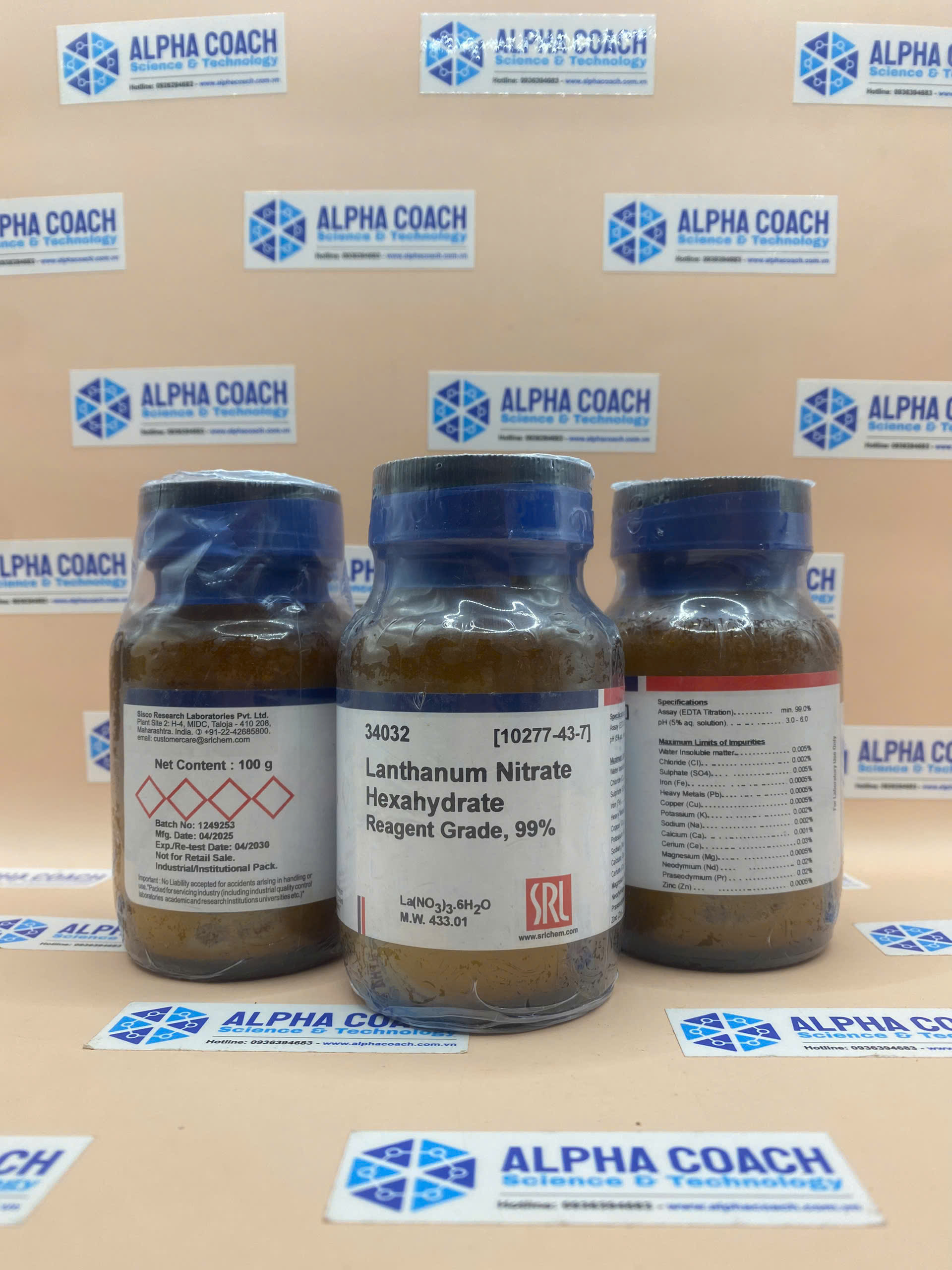 Hoá chất Lanthanum Nitrate Hexahydrate Reagent Grade, 99%, lọ 100g, hãng SRL, Ấn Độ