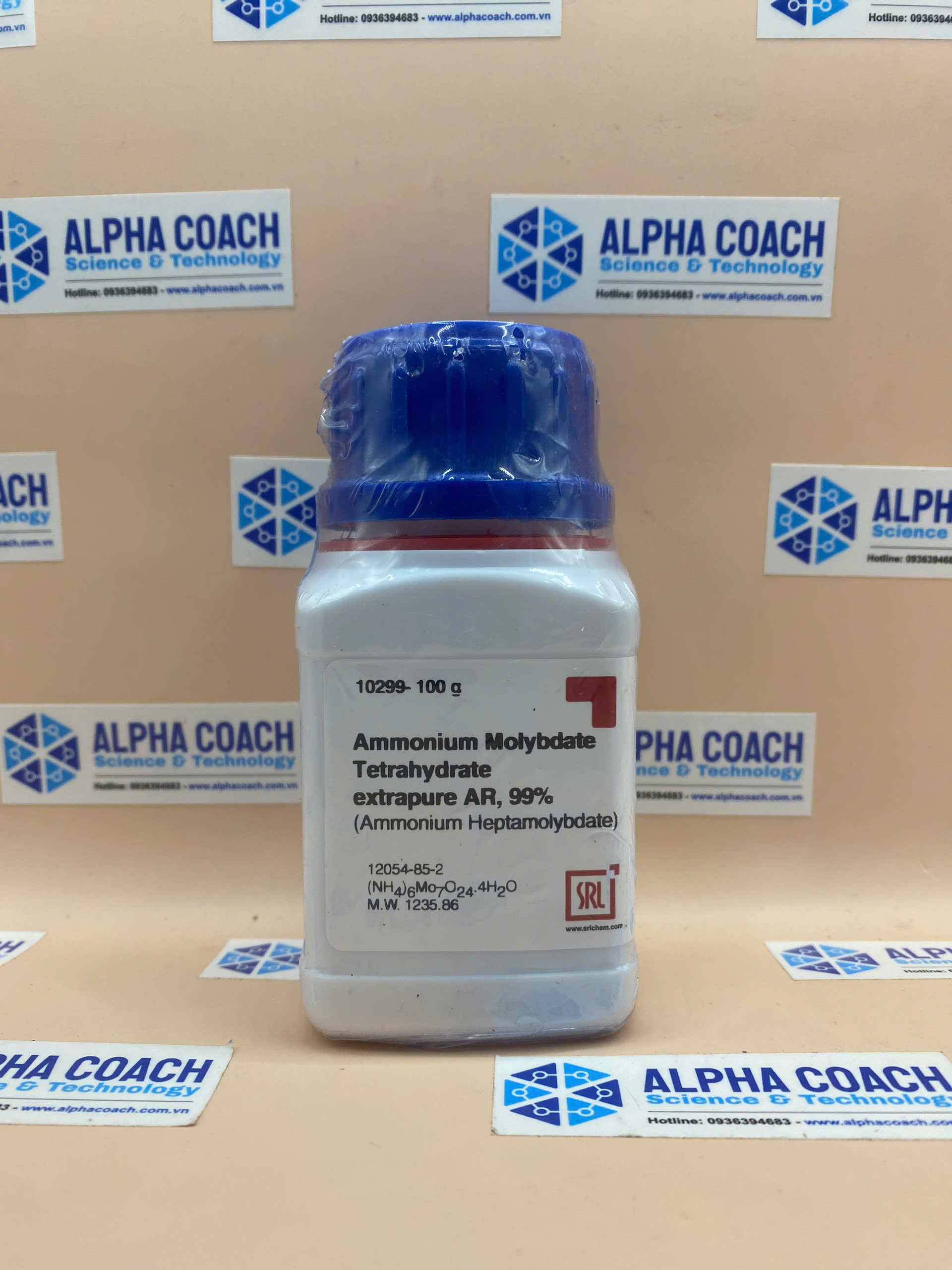 Hoá chất Ammonium Molybdate Tetrahydrate extrapure AR, 99%, lọ 100g, hãng SRL, Ấn Độ